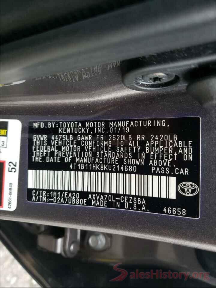 4T1B11HK8KU214680 2019 TOYOTA CAMRY