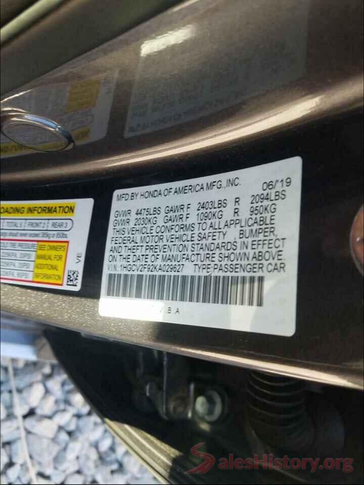 1HGCV2F92KA029627 2019 HONDA ACCORD