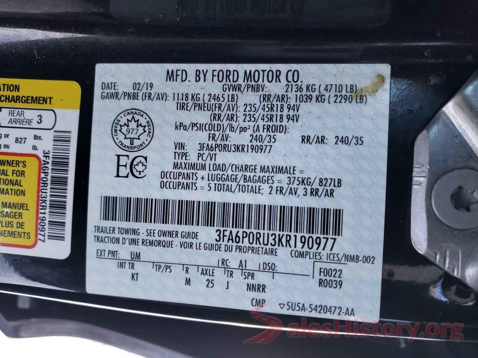 3FA6P0RU3KR190977 2019 FORD FUSION