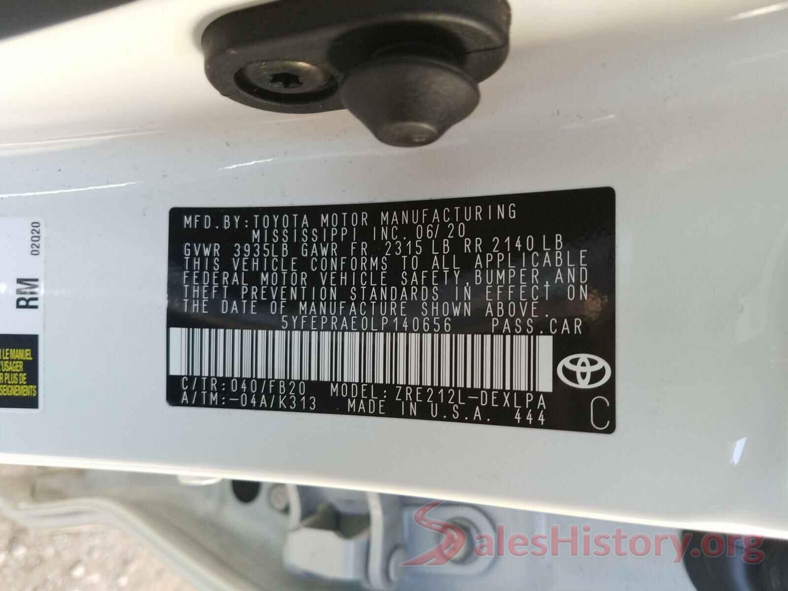 5YFEPRAE0LP140656 2020 TOYOTA COROLLA