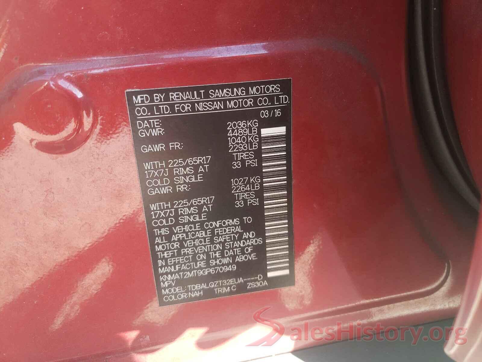 KNMAT2MT9GP670949 2016 NISSAN ROGUE