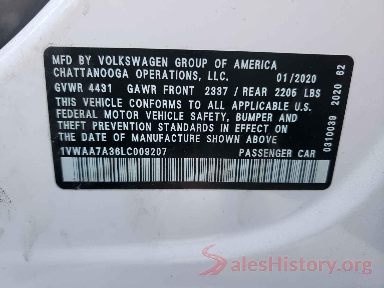 1VWAA7A36LC009207 2020 VOLKSWAGEN PASSAT