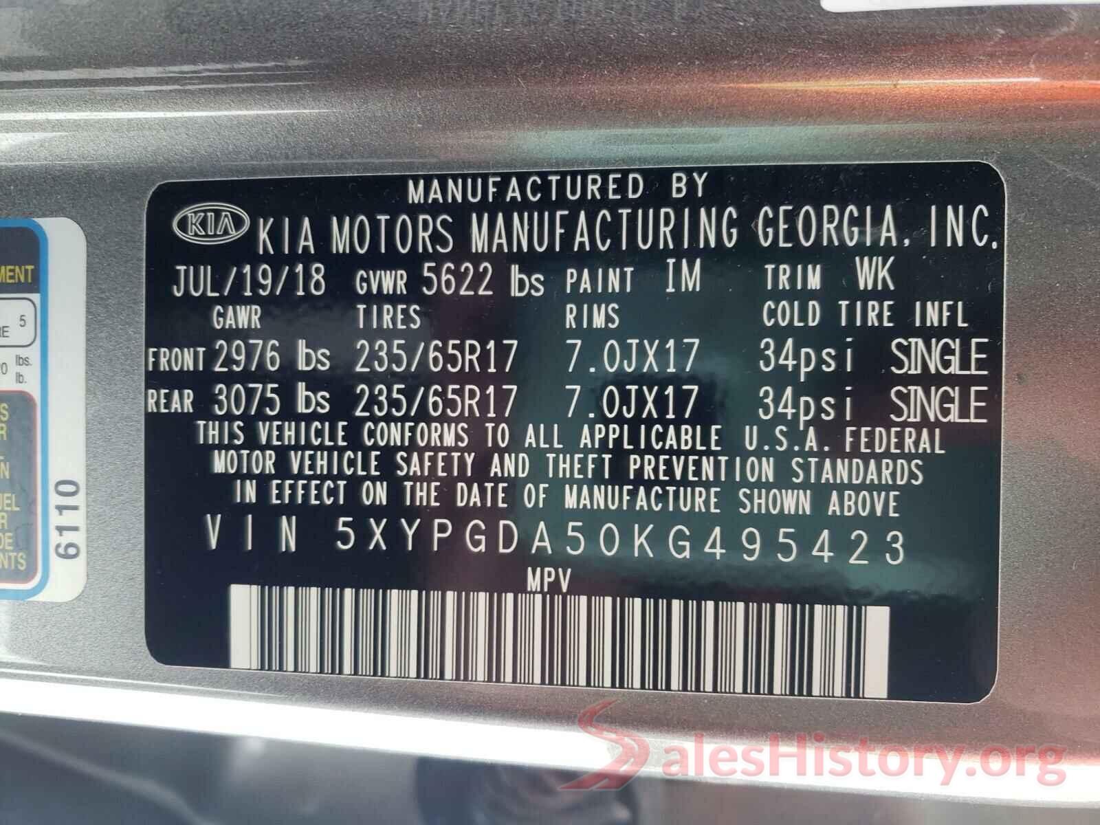 5XYPGDA50KG495423 2019 KIA SORENTO