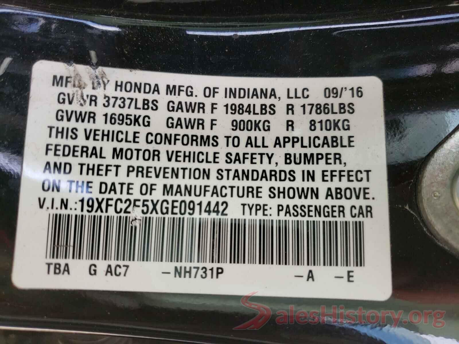 19XFC2F5XGE091442 2016 HONDA CIVIC