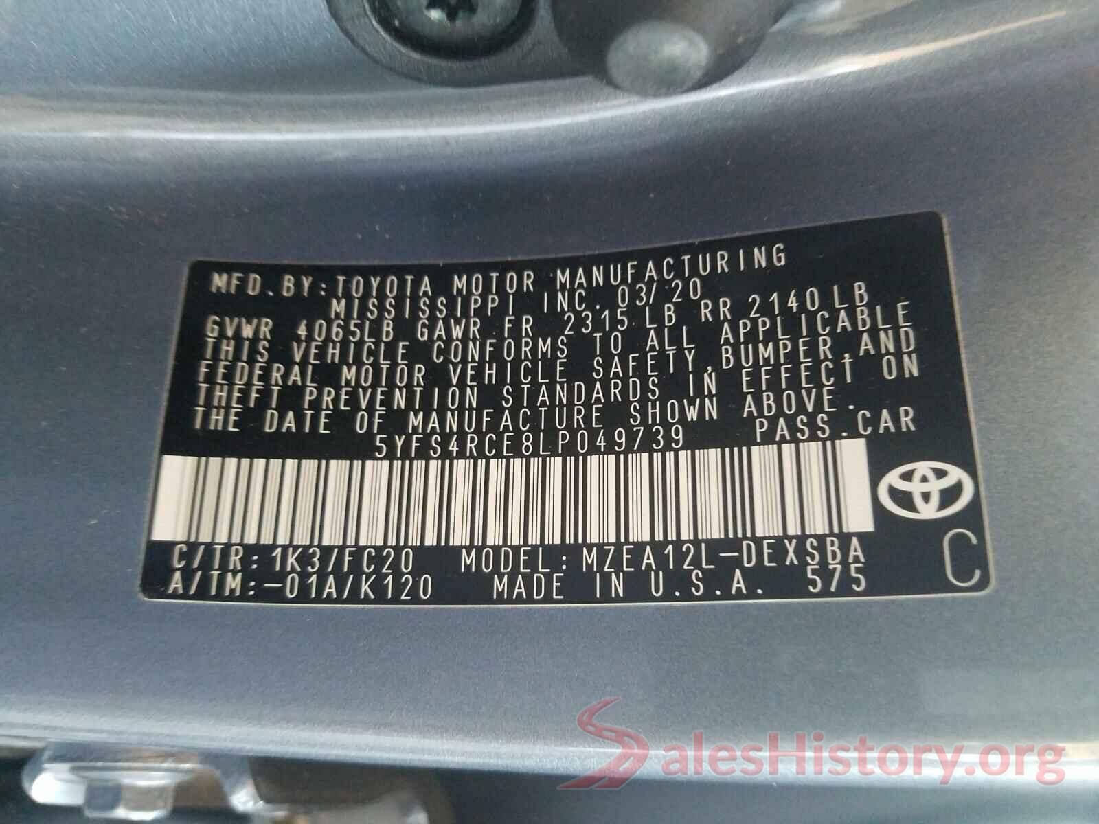 5YFS4RCE8LP049739 2020 TOYOTA COROLLA