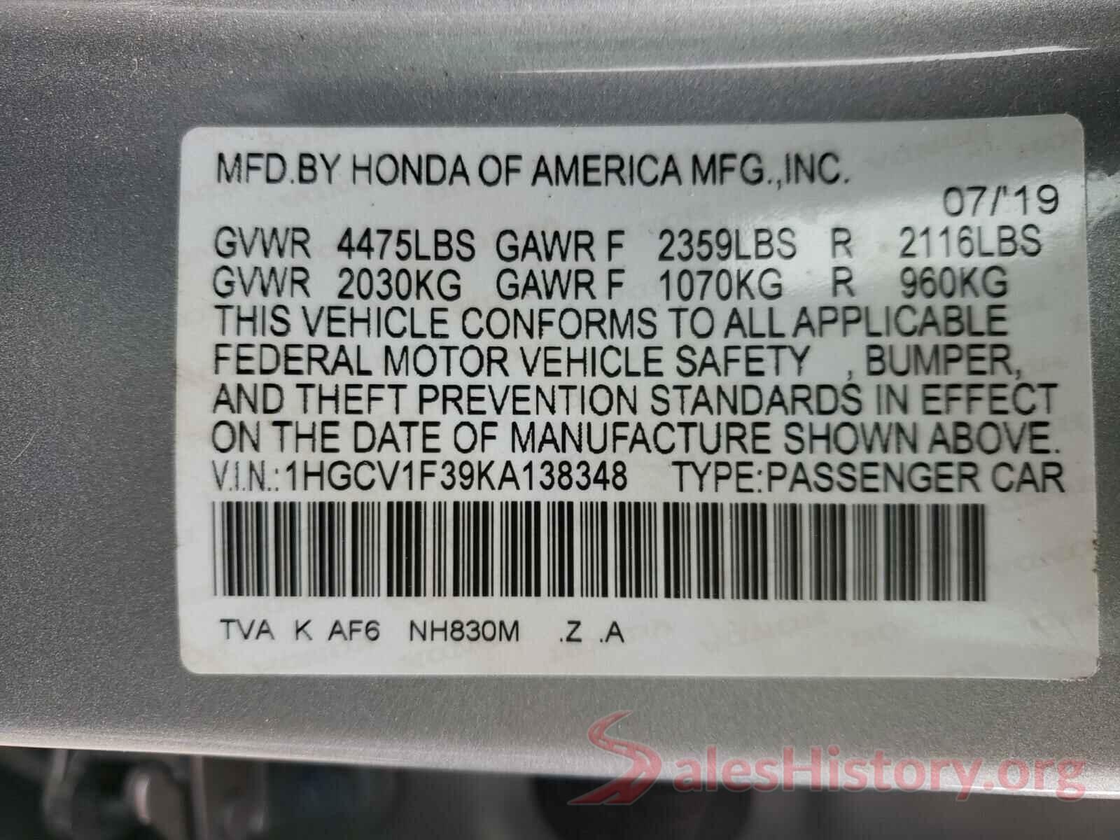 1HGCV1F39KA138348 2019 HONDA ACCORD