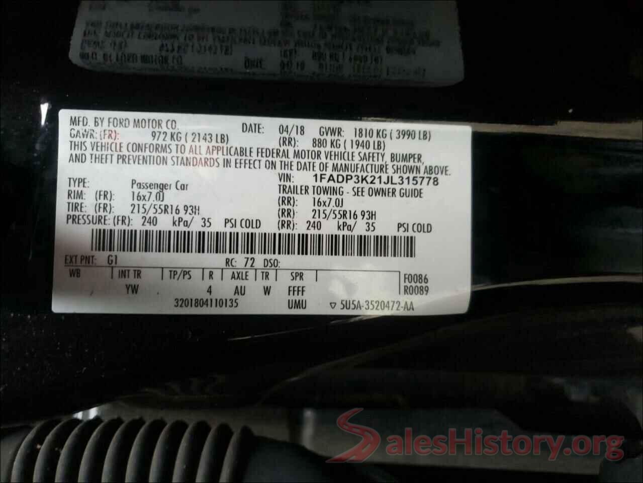 1FADP3K21JL315778 2018 FORD FOCUS