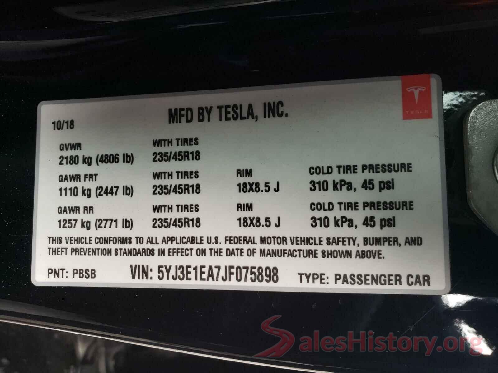 5YJ3E1EA7JF075898 2018 TESLA MODEL 3