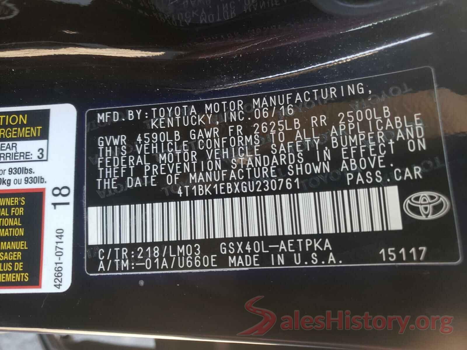 4T1BK1EBXGU230761 2016 TOYOTA AVALON