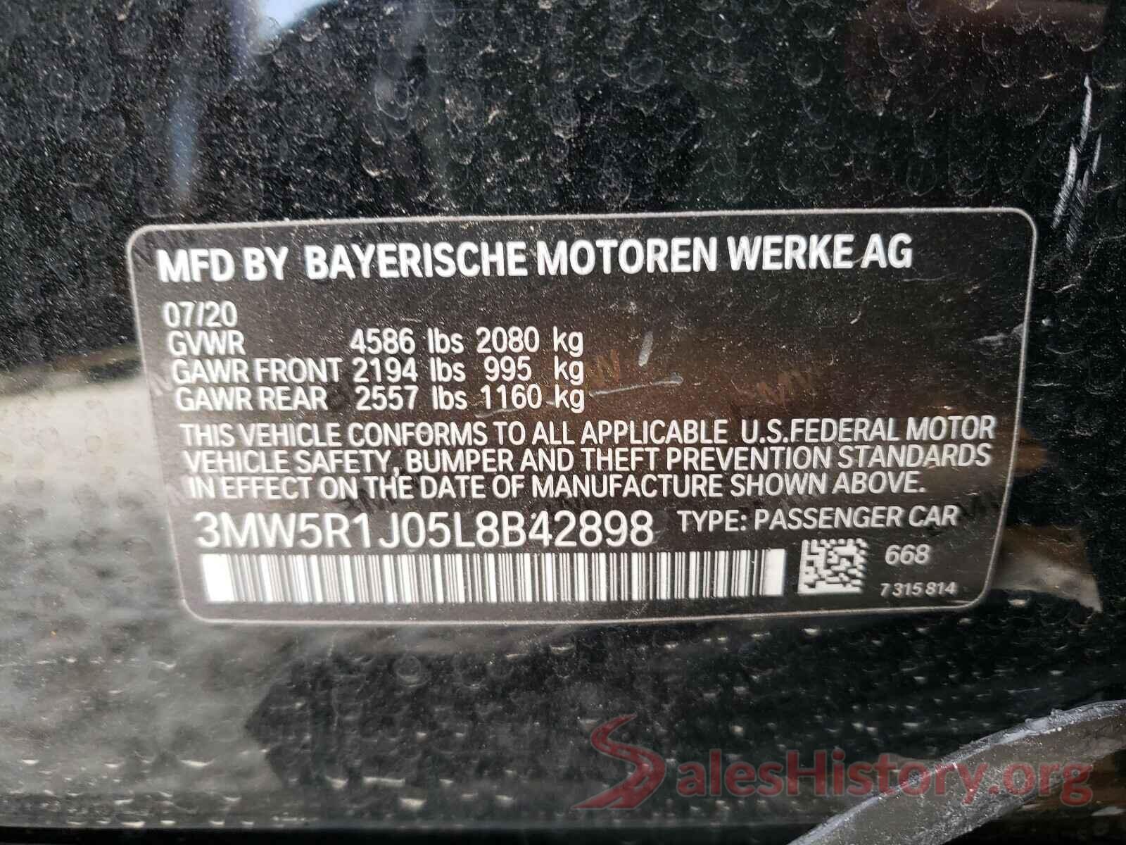 3MW5R1J05L8B42898 2020 BMW 3 SERIES