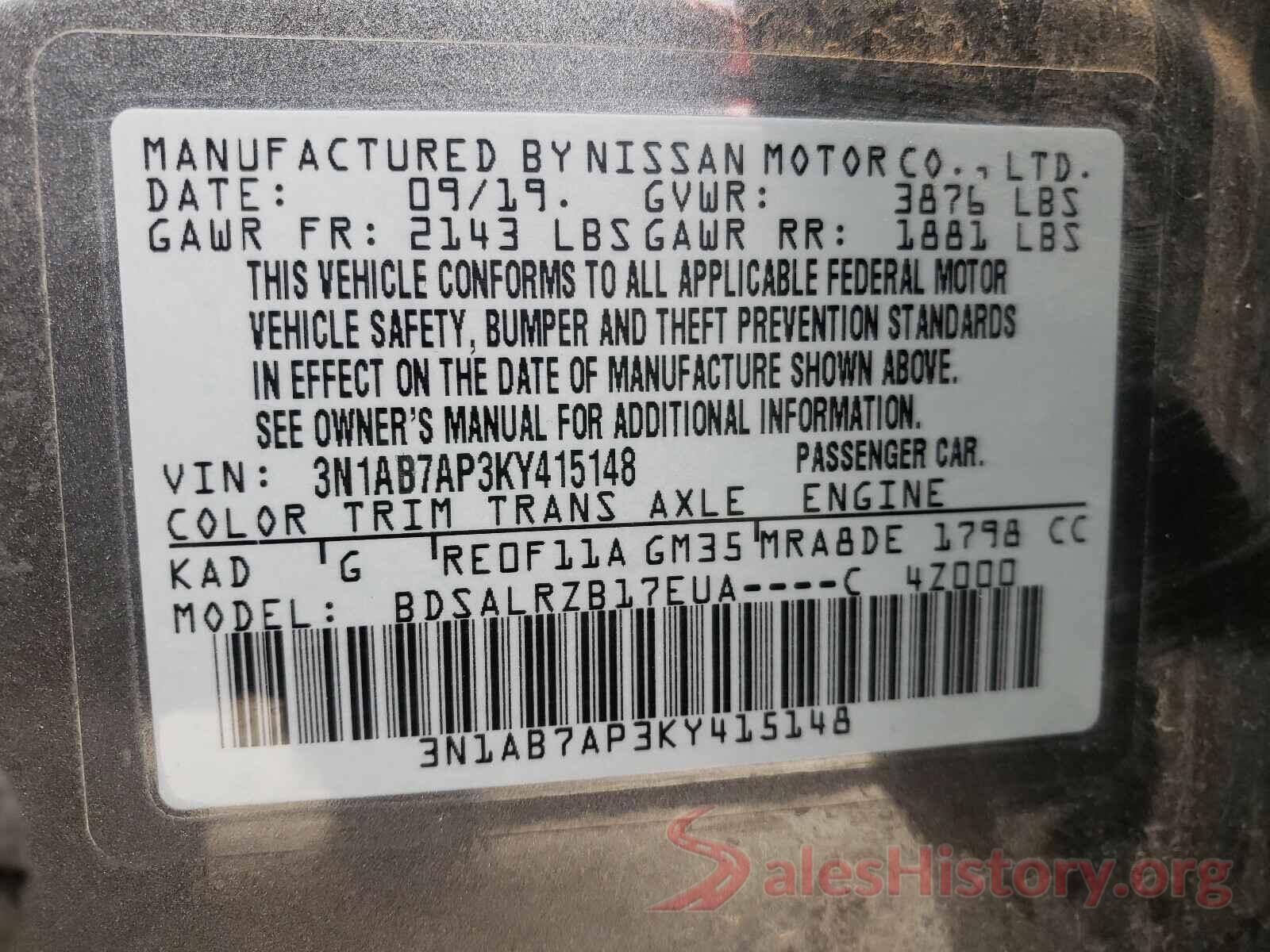 3N1AB7AP3KY415148 2019 NISSAN SENTRA