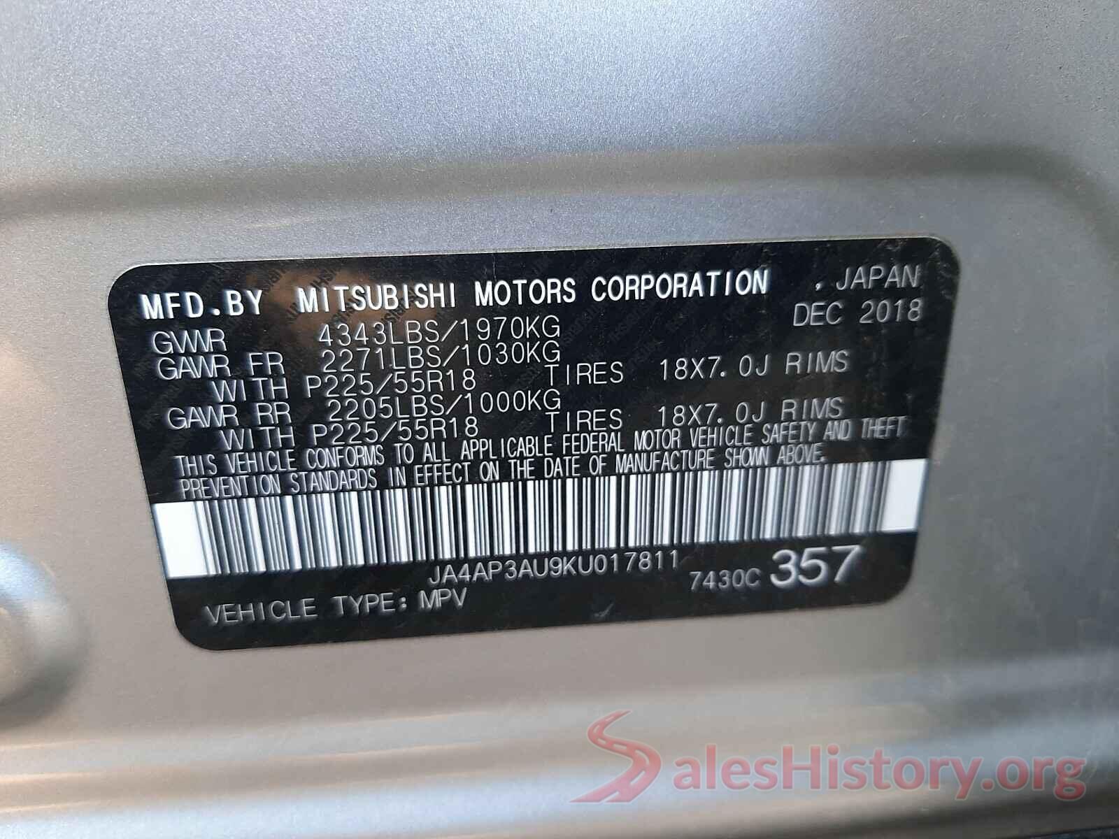 JA4AP3AU9KU017811 2019 MITSUBISHI OUTLANDER