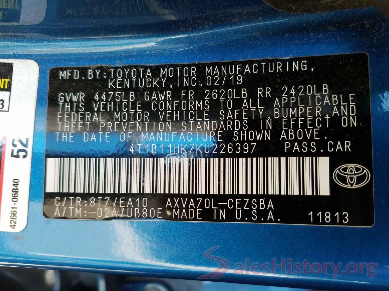 4T1B11HK7KU226397 2019 TOYOTA CAMRY