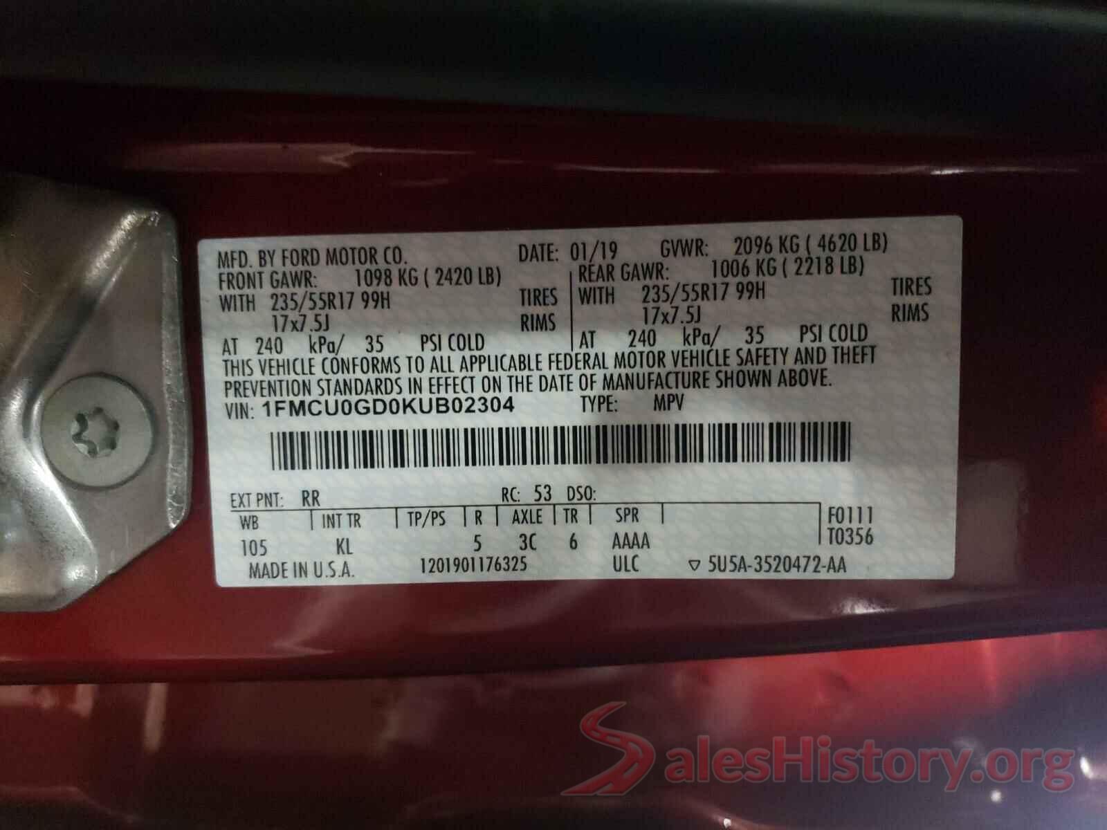 1FMCU0GD0KUB02304 2019 FORD ESCAPE