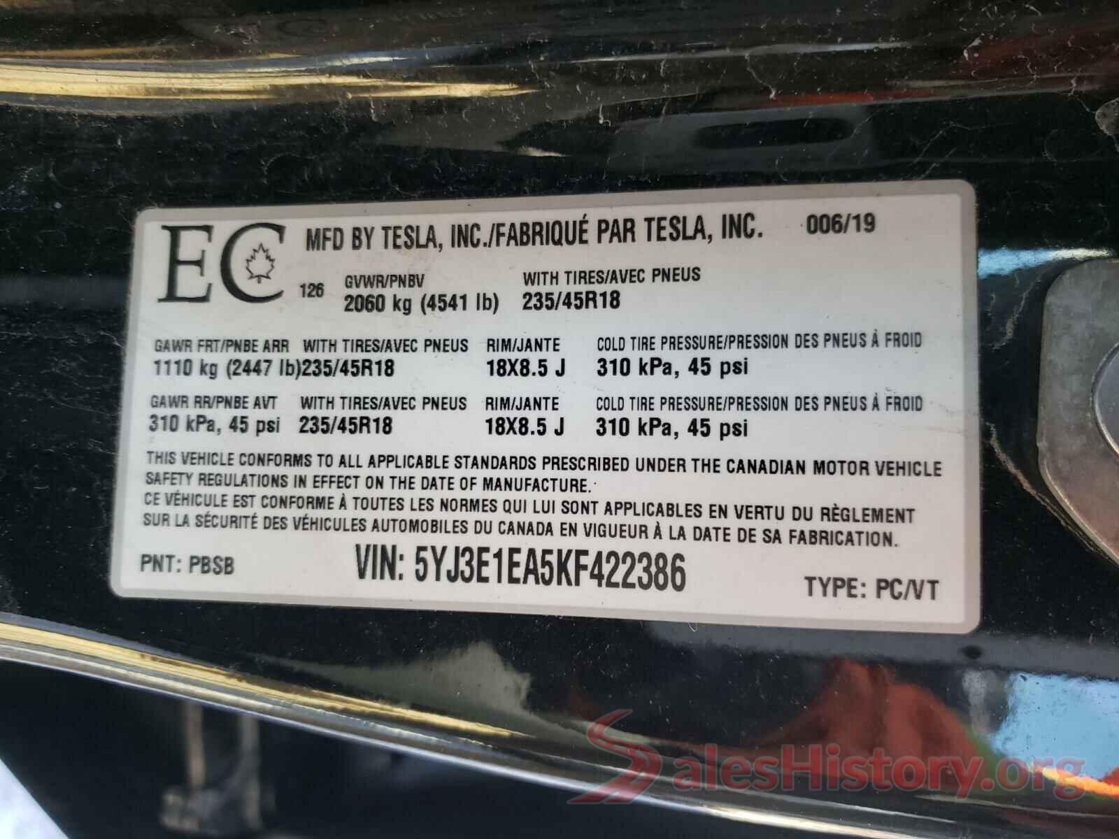 5YJ3E1EA5KF422386 2019 TESLA MODEL 3