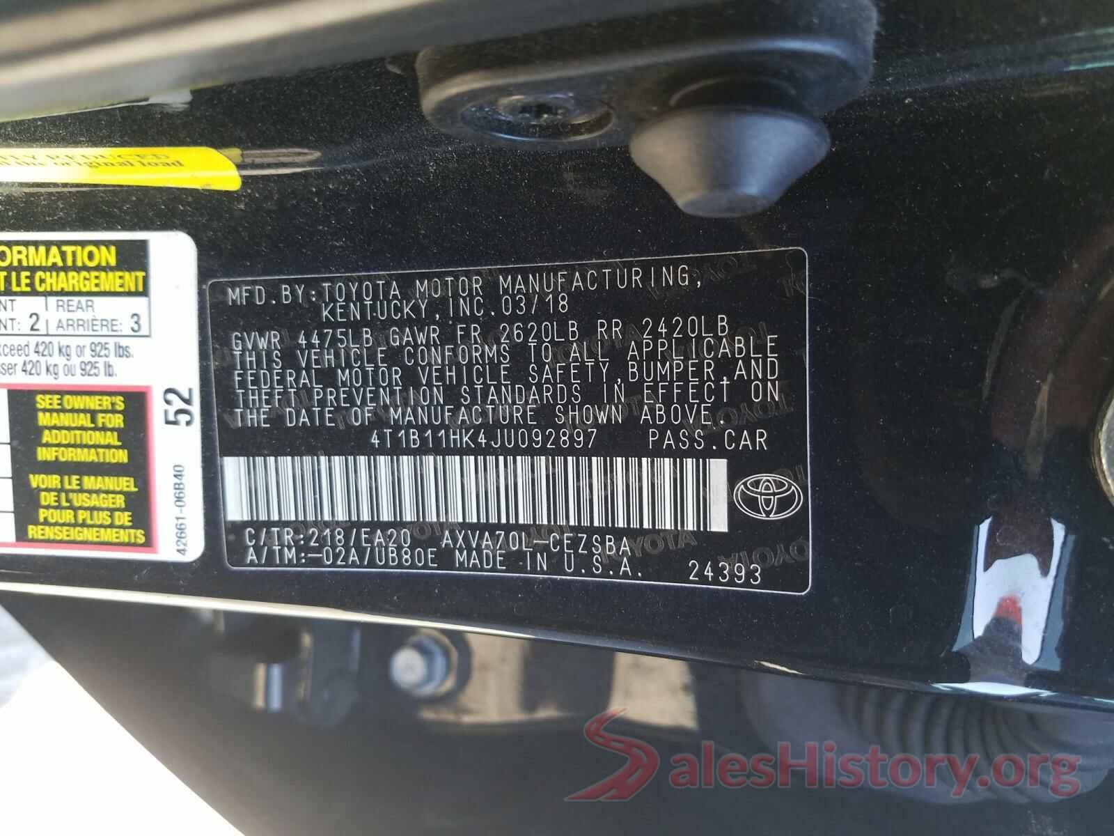 4T1B11HK4JU092897 2018 TOYOTA CAMRY