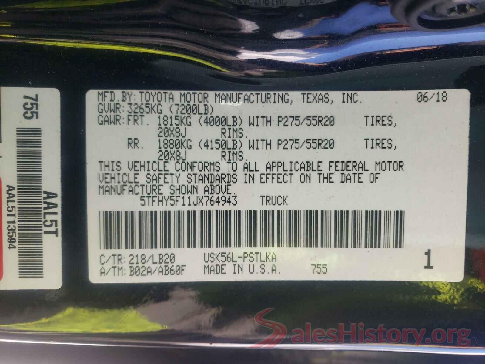 5TFHY5F11JX764943 2018 TOYOTA TUNDRA