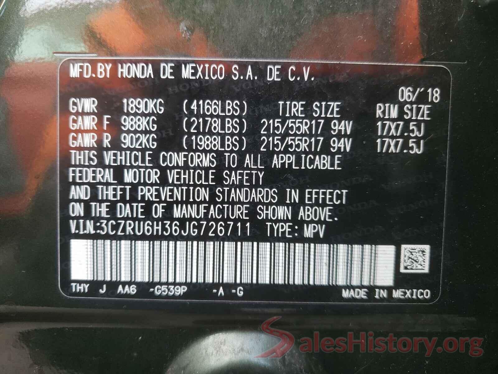 3CZRU6H36JG726711 2018 HONDA HR-V