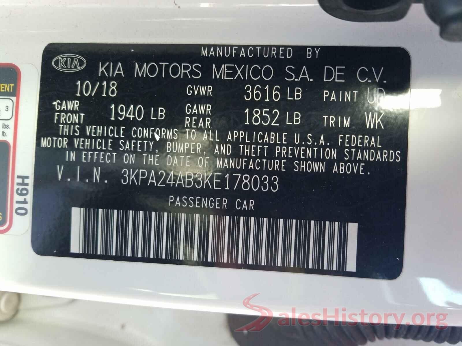 3KPA24AB3KE178033 2019 KIA RIO