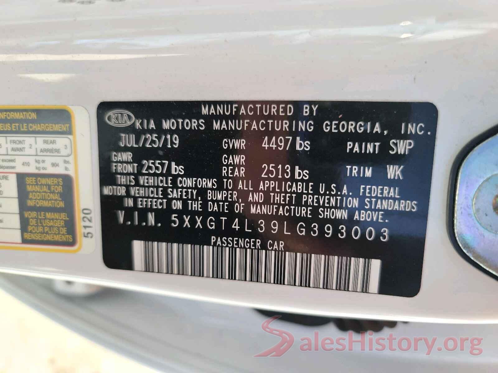 5XXGT4L39LG393003 2020 KIA OPTIMA