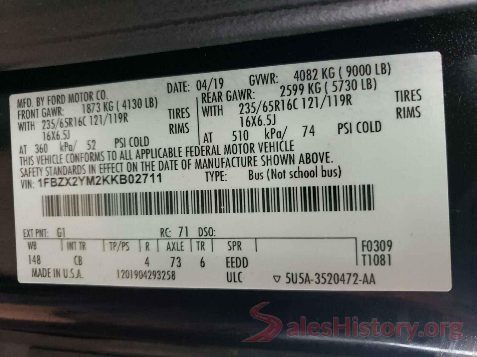 1FBZX2YM2KKB02711 2019 FORD TRANSIT CO