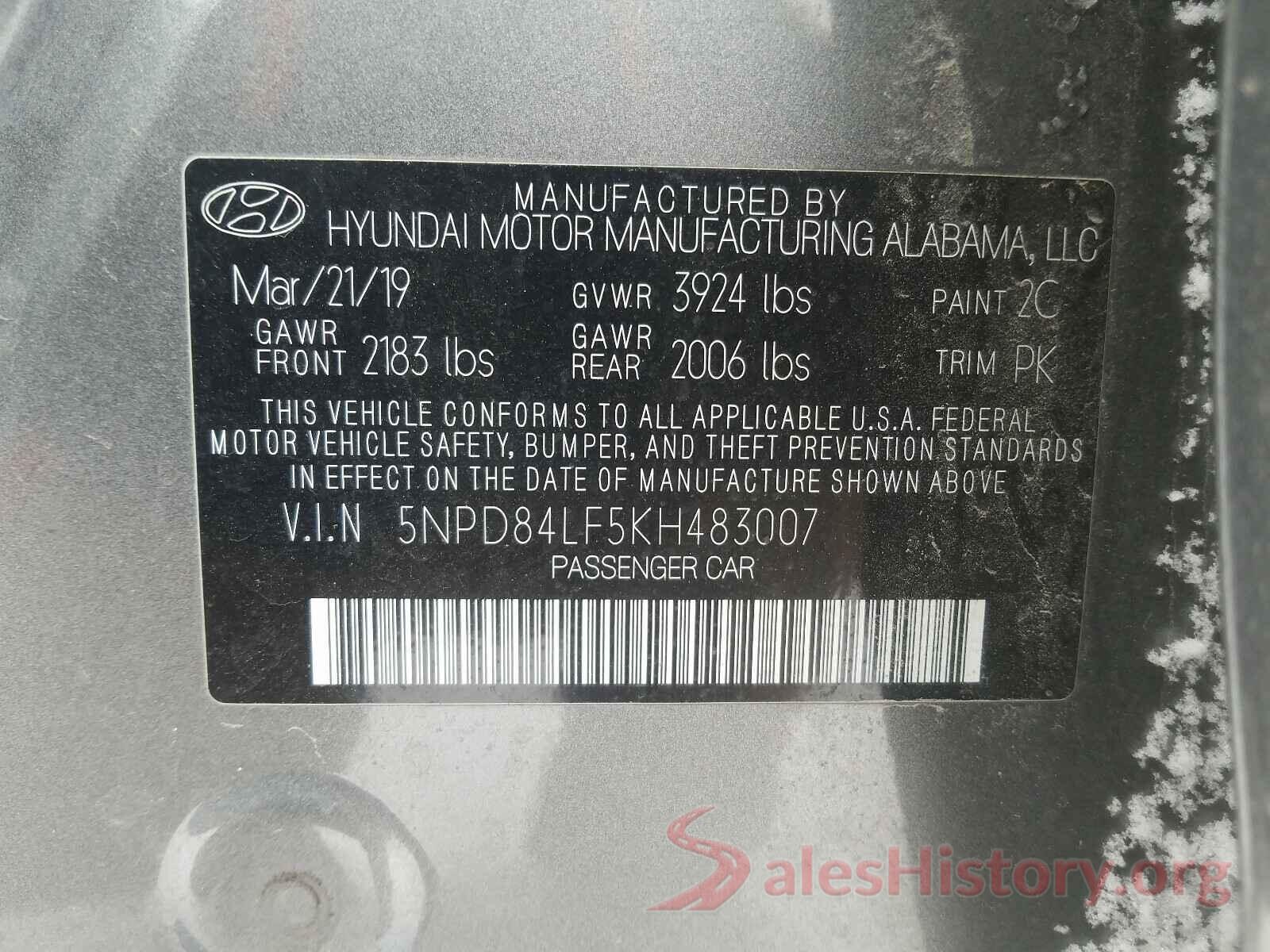 5NPD84LF5KH483007 2019 HYUNDAI ELANTRA