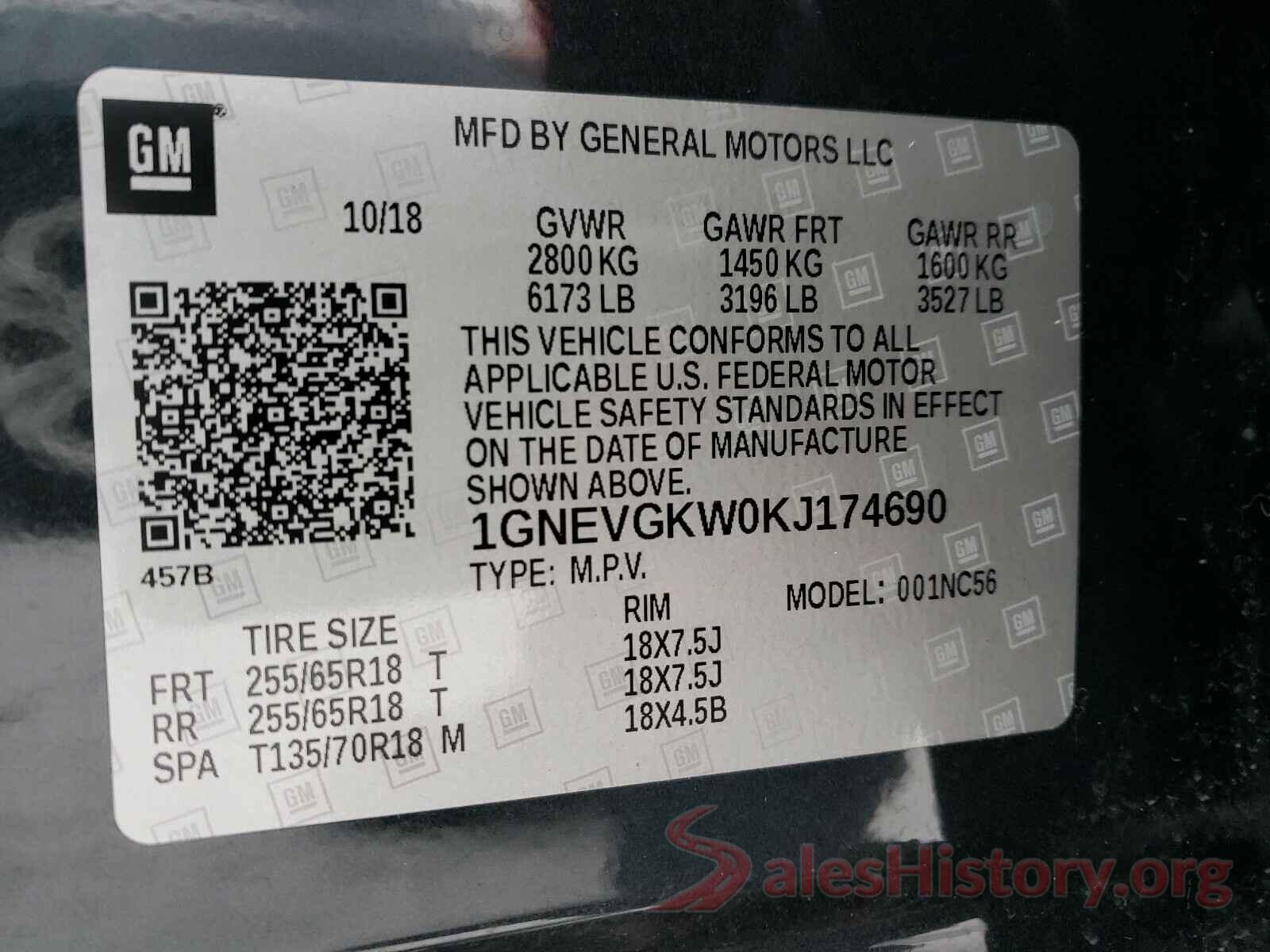 1GNEVGKW0KJ174690 2019 CHEVROLET TRAVERSE