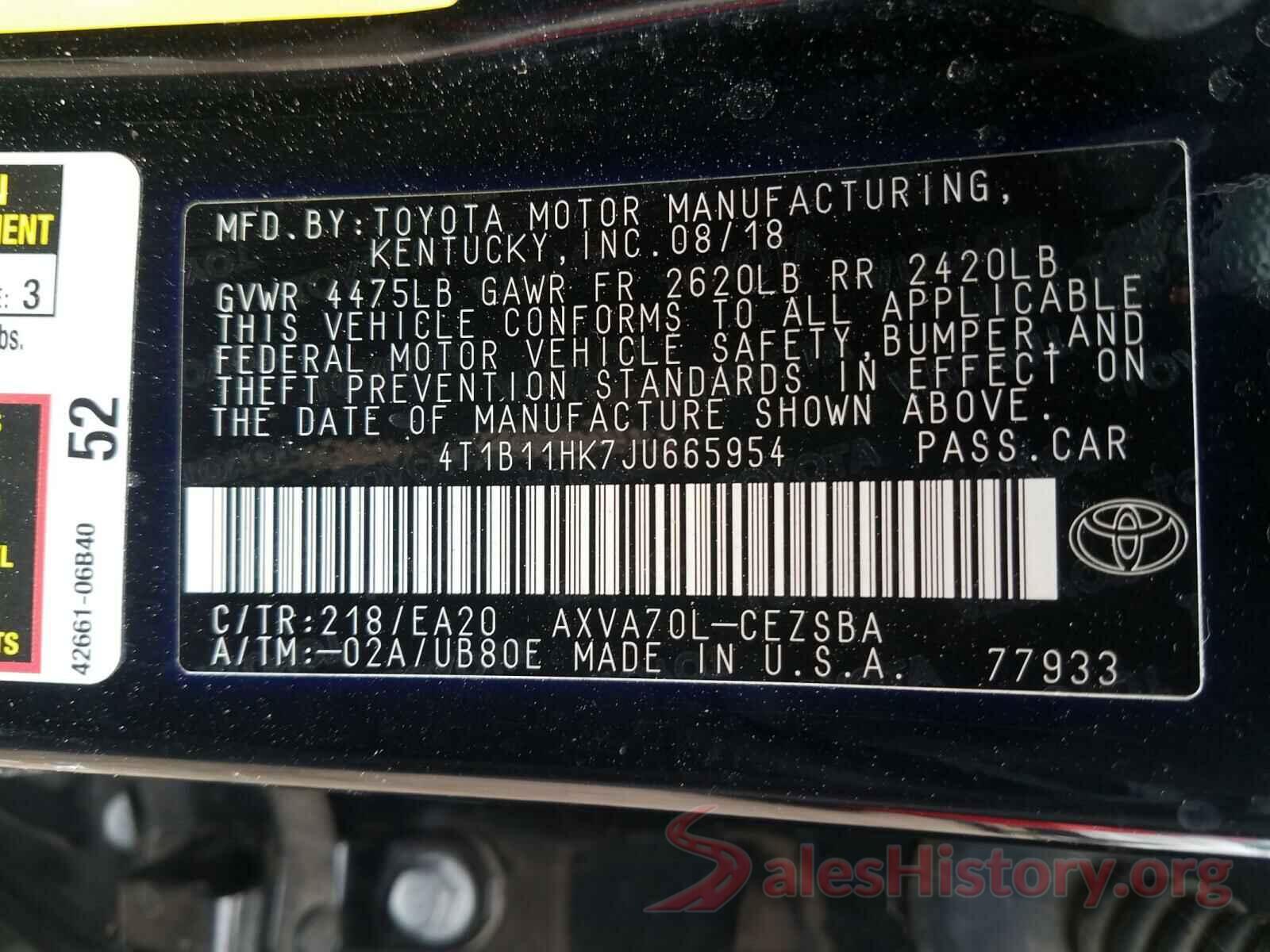 4T1B11HK7JU665954 2018 TOYOTA CAMRY