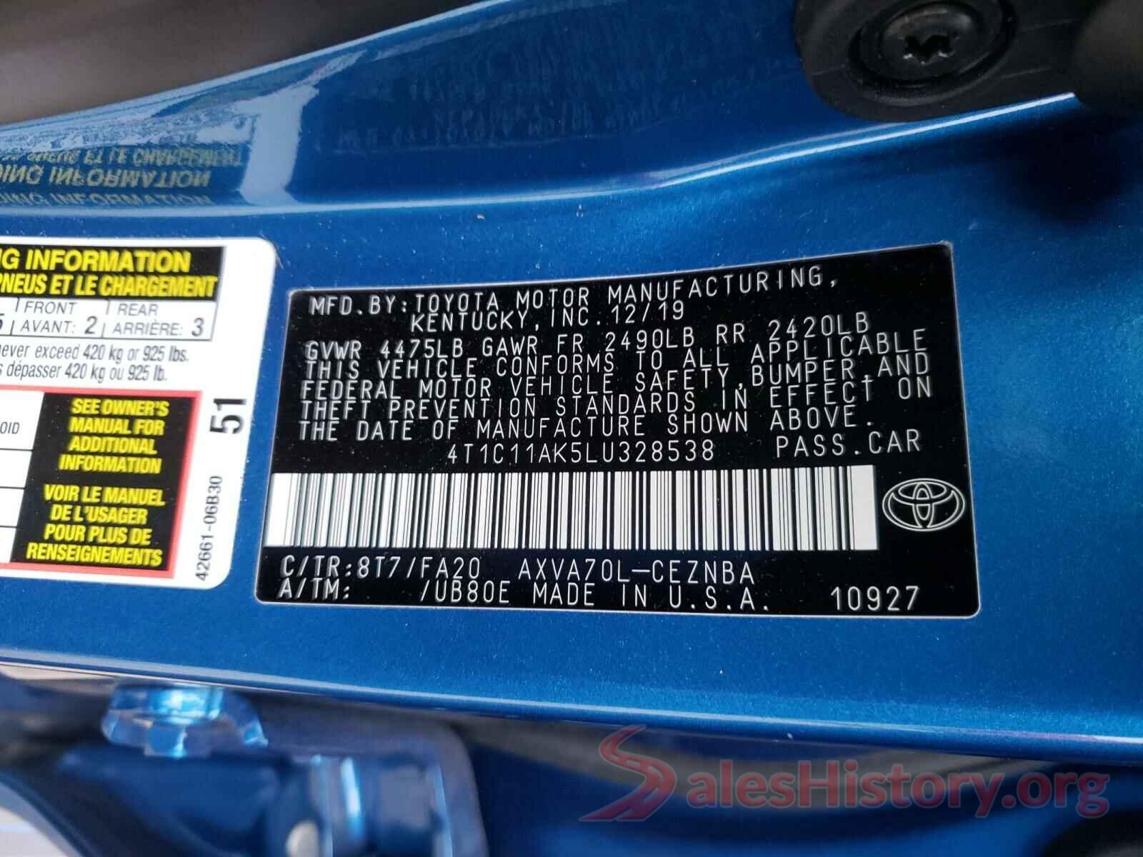 4T1C11AK5LU328538 2020 TOYOTA CAMRY