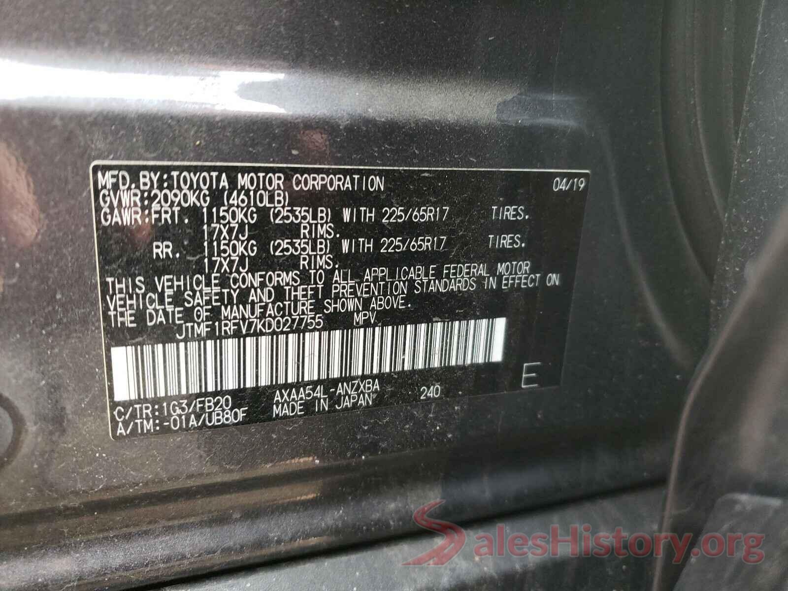 JTMF1RFV7KD027755 2019 TOYOTA RAV4