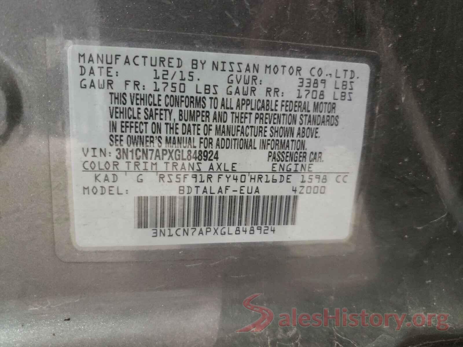 3N1CN7APXGL848924 2016 NISSAN VERSA