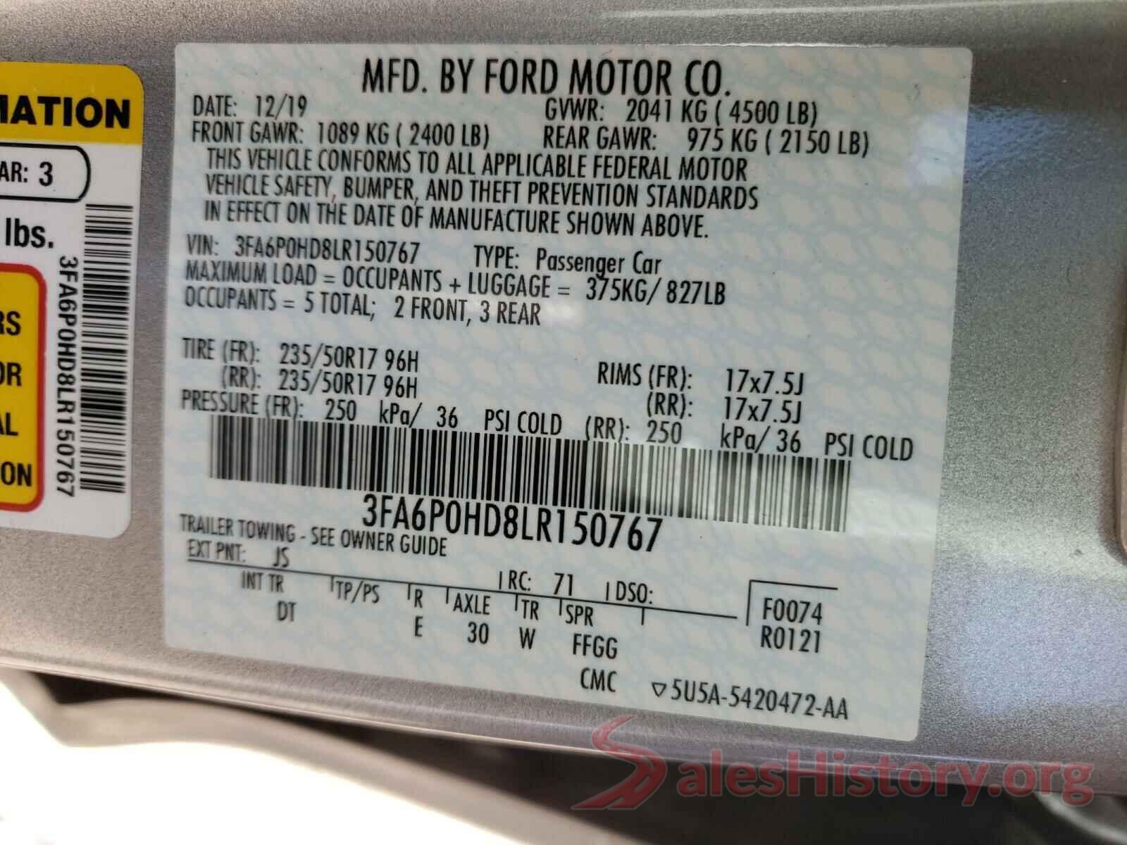 3FA6P0HD8LR150767 2020 FORD FUSION