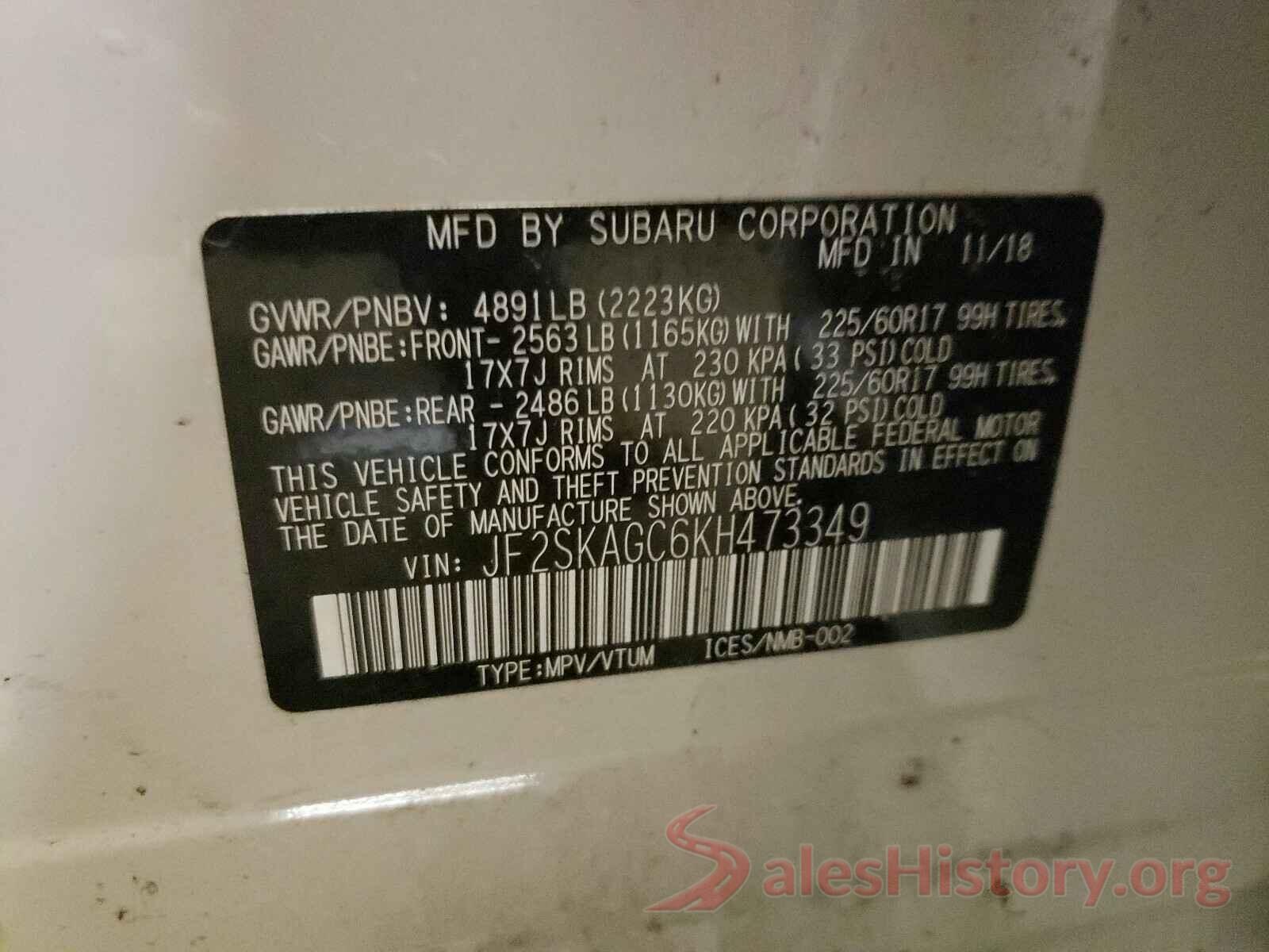 JF2SKAGC6KH473349 2019 SUBARU FORESTER