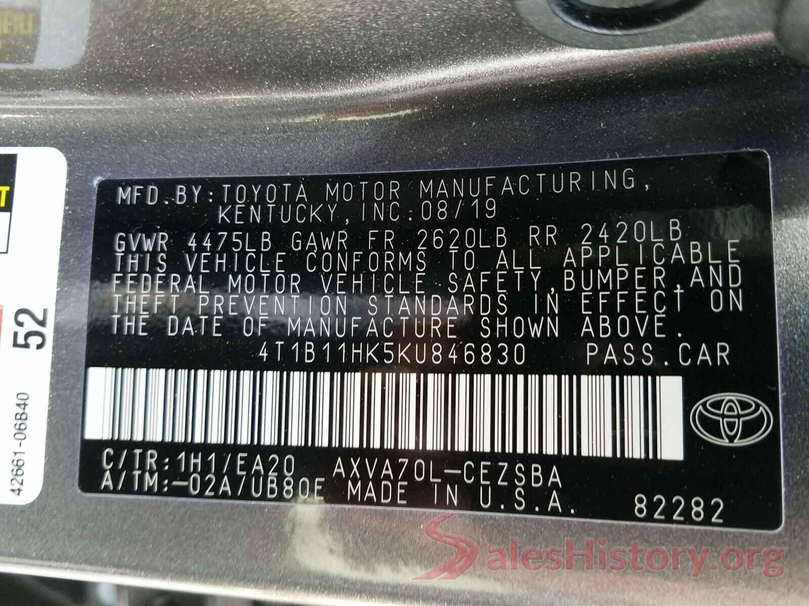 4T1B11HK5KU846830 2019 TOYOTA CAMRY