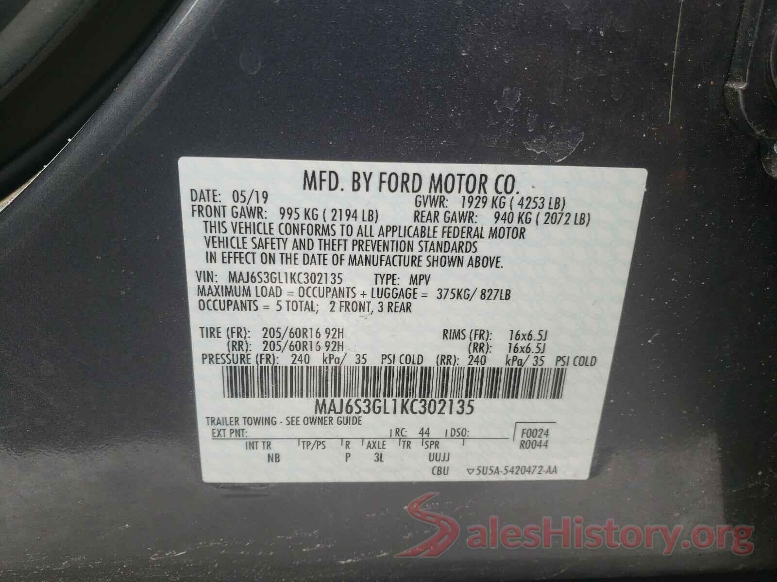 MAJ6S3GL1KC302135 2019 FORD ALL OTHER