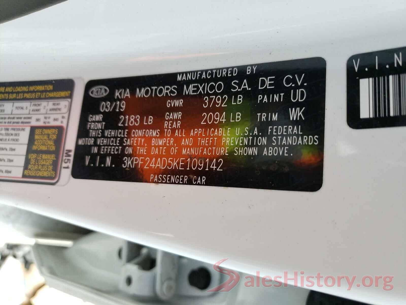 3KPF24AD5KE109142 2019 KIA FORTE