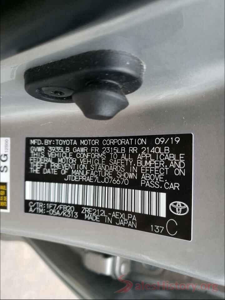 JTDEPRAE7LJ076670 2020 TOYOTA COROLLA