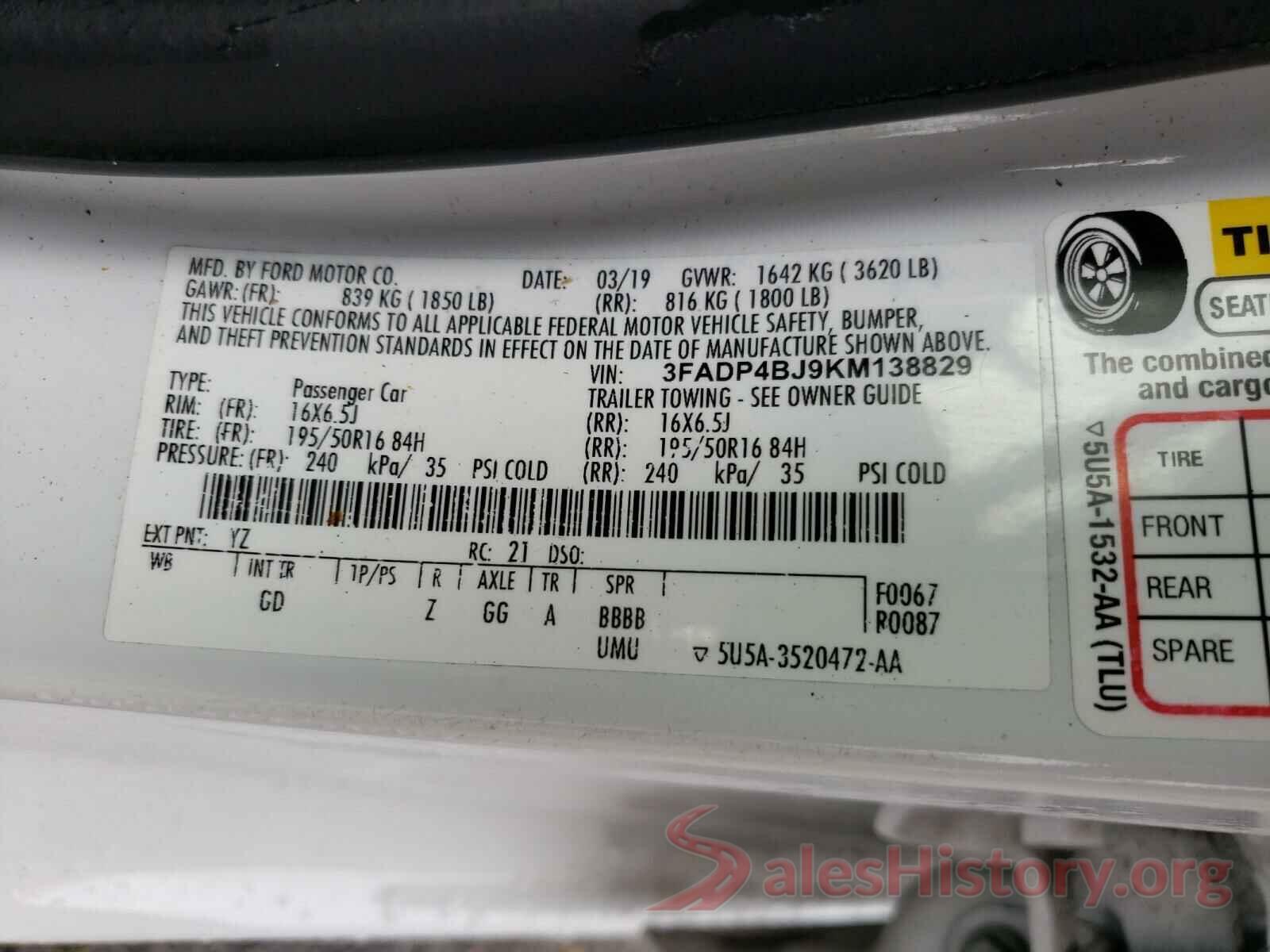 3FADP4BJ9KM138829 2019 FORD FIESTA