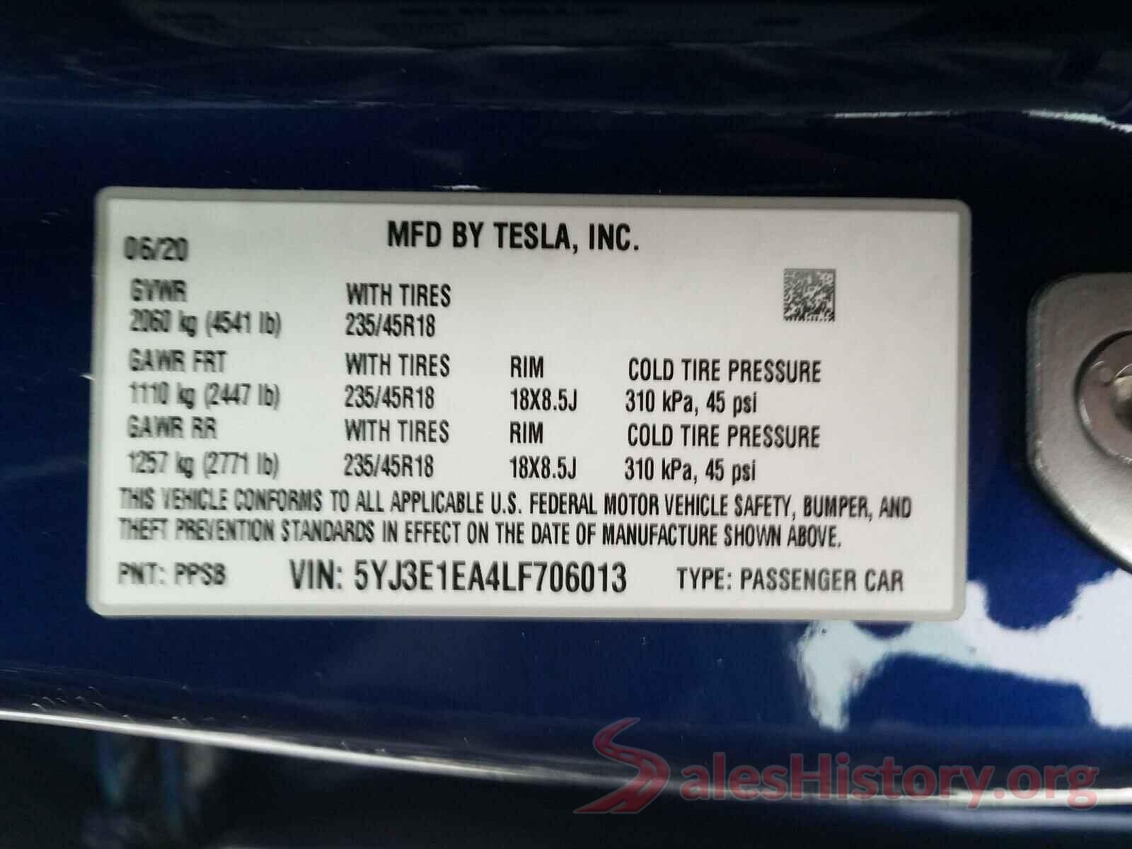 5YJ3E1EA4LF706013 2020 TESLA MODEL 3