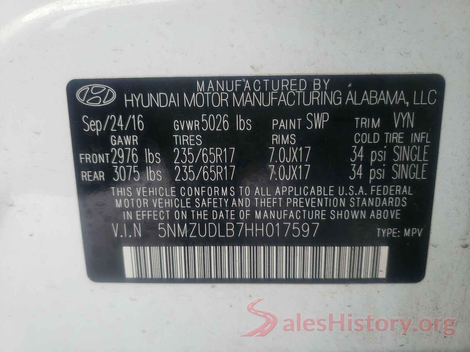 5NMZUDLB7HH017597 2017 HYUNDAI SANTA FE