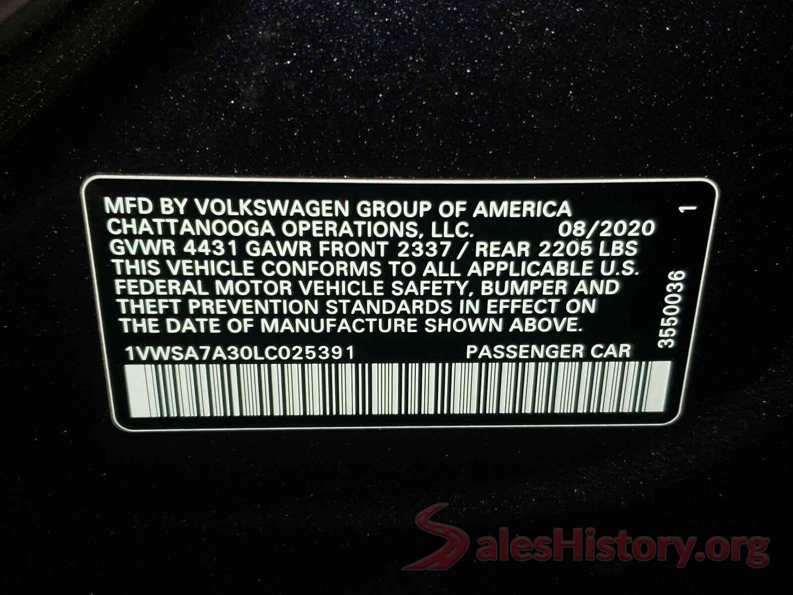 1VWSA7A30LC025391 2020 VOLKSWAGEN PASSAT