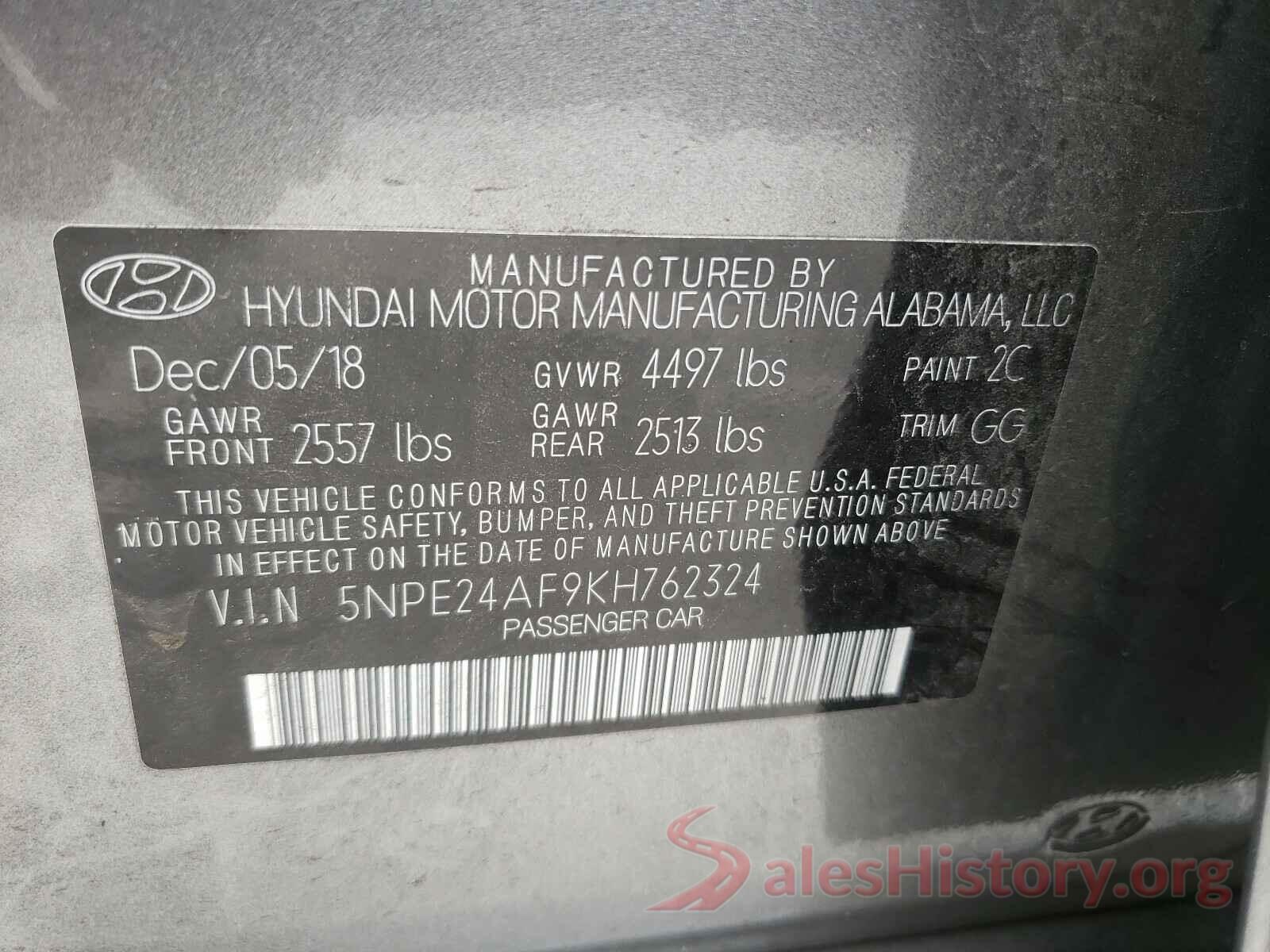 5NPE24AF9KH762324 2019 HYUNDAI SONATA