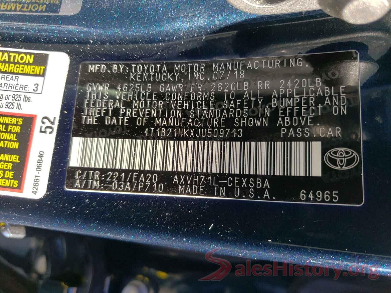 4T1B21HKXJU509713 2018 TOYOTA CAMRY