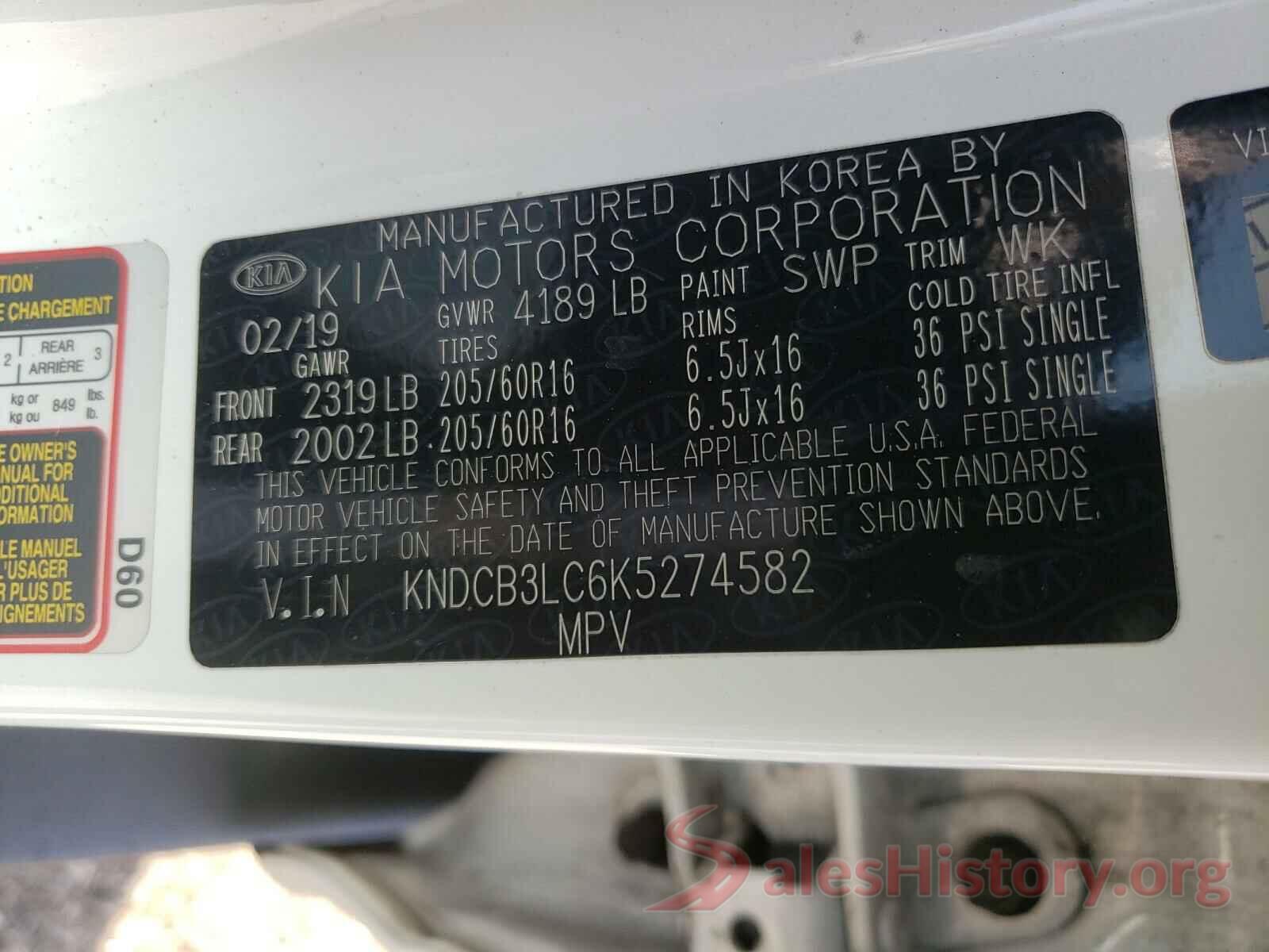 KNDCB3LC6K5274582 2019 KIA NIRO