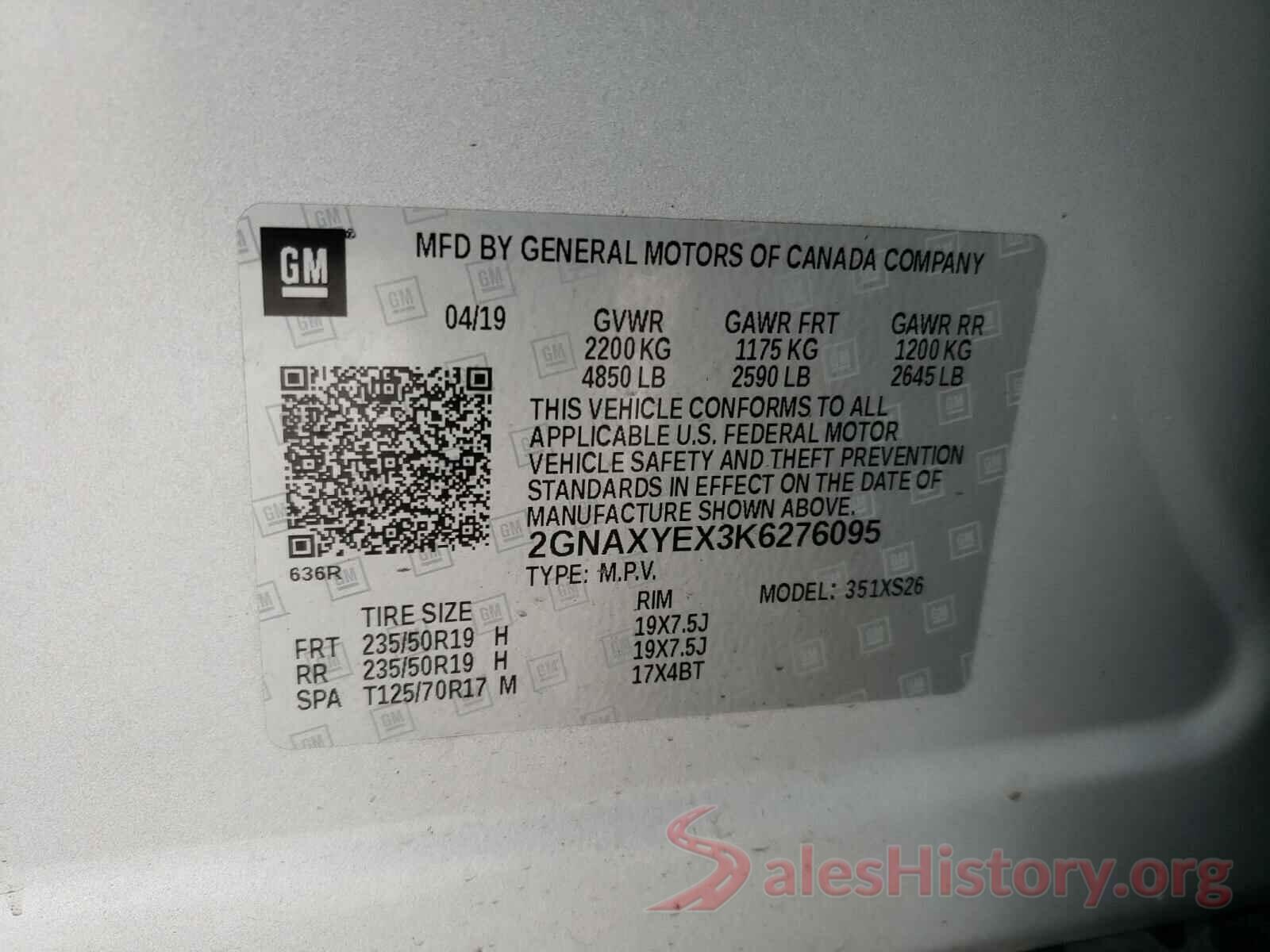 2GNAXYEX3K6276095 2019 CHEVROLET EQUINOX