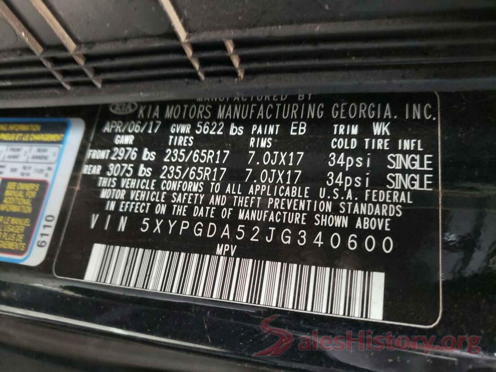 5XYPGDA52JG340600 2018 KIA SORENTO