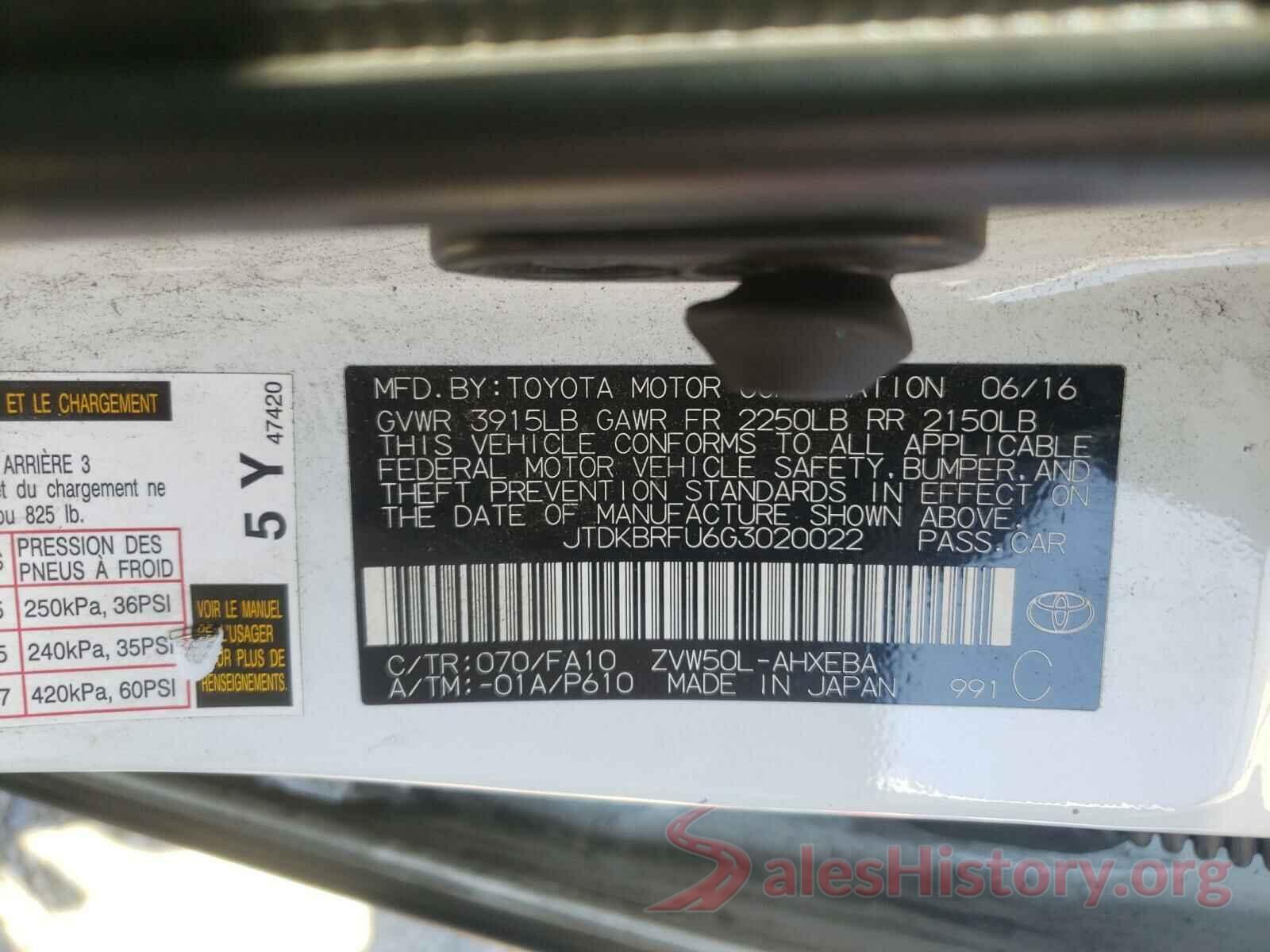 JTDKBRFU6G3020022 2016 TOYOTA PRIUS