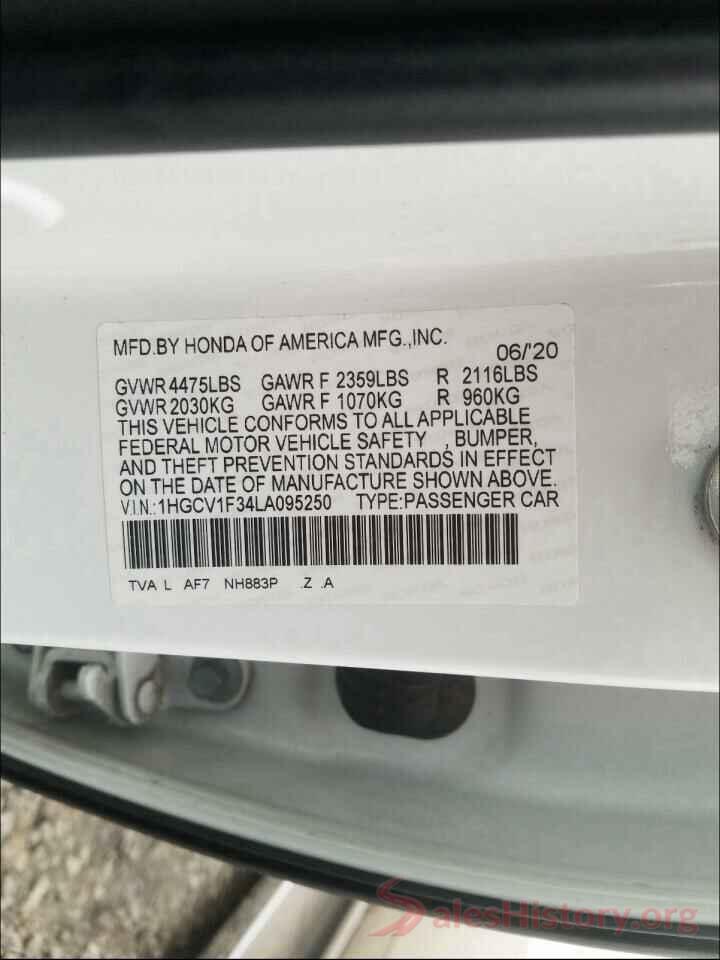 1HGCV1F34LA095250 2020 HONDA ACCORD