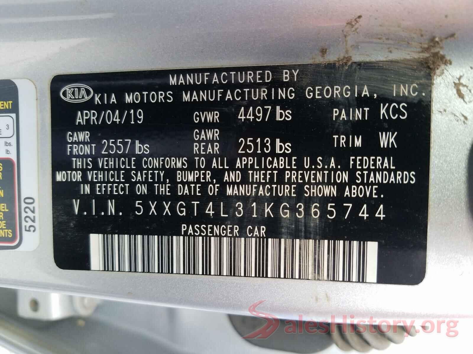 5XXGT4L31KG365744 2019 KIA OPTIMA