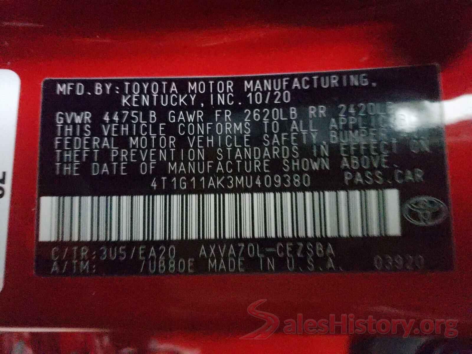 4T1G11AK3MU409380 2021 TOYOTA CAMRY